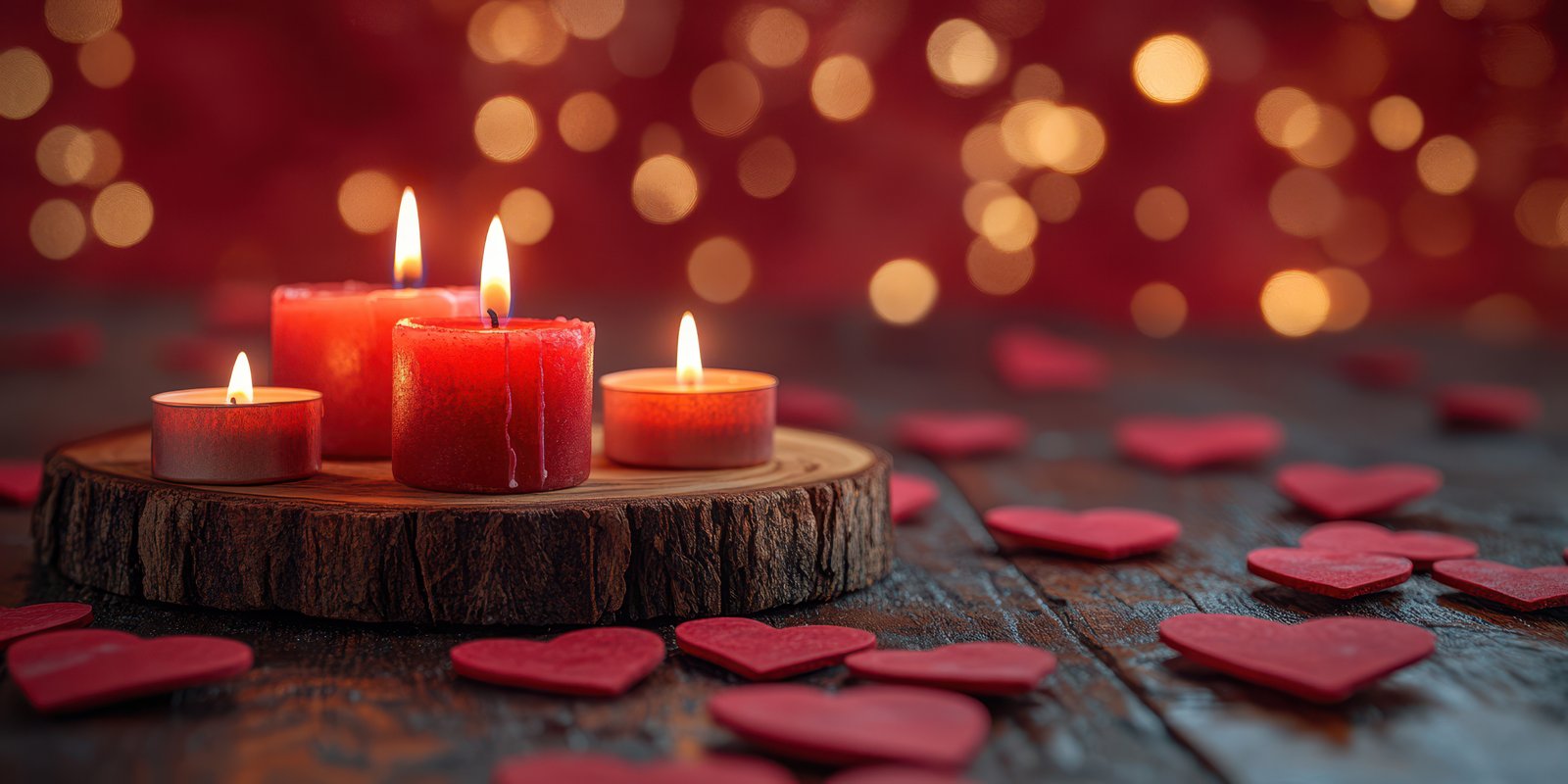 Candlelit setup with red candles and heart-shaped decorations for a romantic evening celebration